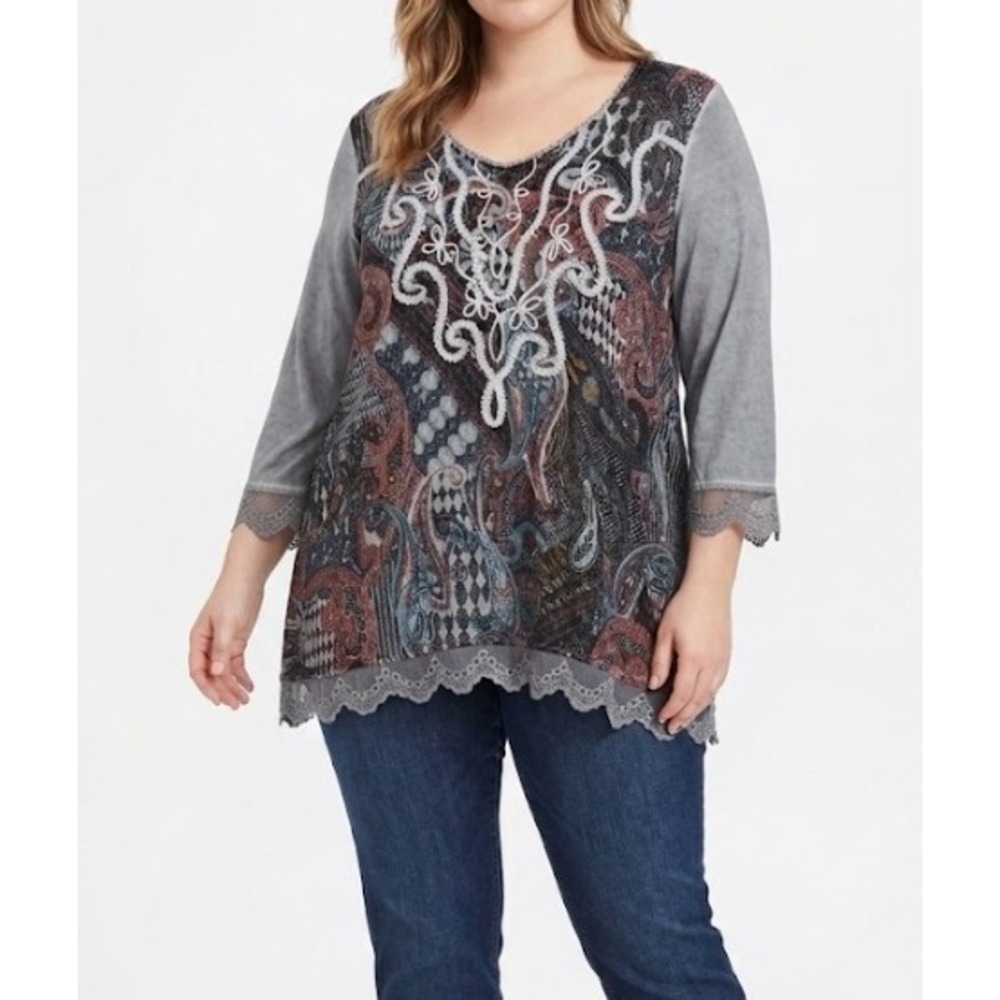 Soft Surroundings Tunic XL Grey Paisley Abstract Embroidered Lace Trim Boho Top